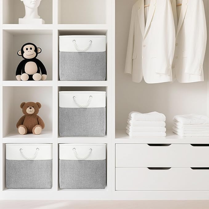 13x13 Inch Cube Storage Bins with Reinforced Bottom Cardboard, 6 Pack Large Collapsible Fabric Storage Cubes with Handles for Shelf, Closet, Toy, Laundry Organization (White&Gray)