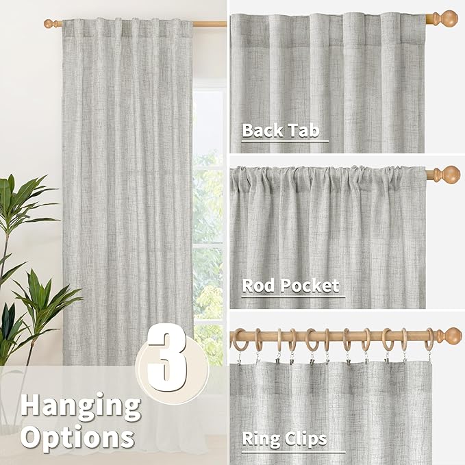 YoungsTex Linen Curtains 63 Inch Length for Living Room, Light Grey Semi Sheer Drapes Rod Pocket Back Tab Light Filtering Window Treaments for Bedroom Office, 38 X 63 Inch, 2 Panels