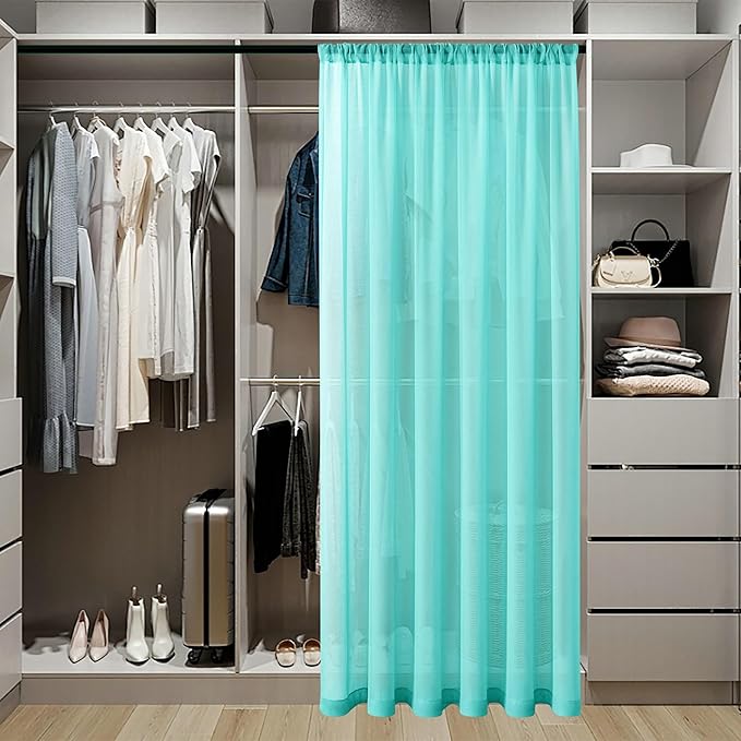 Tollpiz Short Sheer Door Curtain Closet Linen Textured Curtain Sheers Doorway Light Filtering Voile Patio Door Rod Pocket Curtains French Door, 54 x 54 inches Long, Aqua Blue, Set of 1 Panel