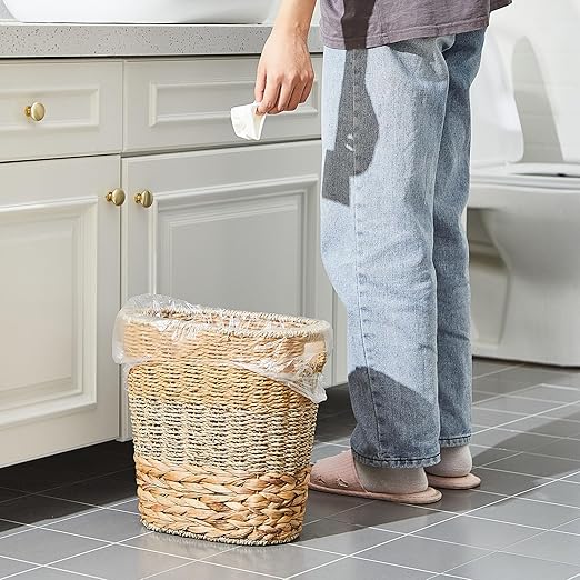 2 Pcs Wicker Trash Can with 50 Small Trash Bag Wicker Waste Woven Basket with Handles Clear Multi Use Garbage Bags for Bathroom Kitchen Bedroom(Various Materials,Classic Style)