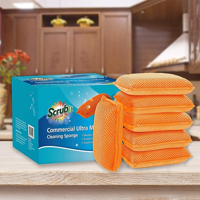 Commercial Miracle Microfiber Kitchen Sponge by Scrub-It - Large - Non-Scratch Heavy Duty Dishwashing Cleaning sponges- Machine Washable- (Orange, 6 Pack)