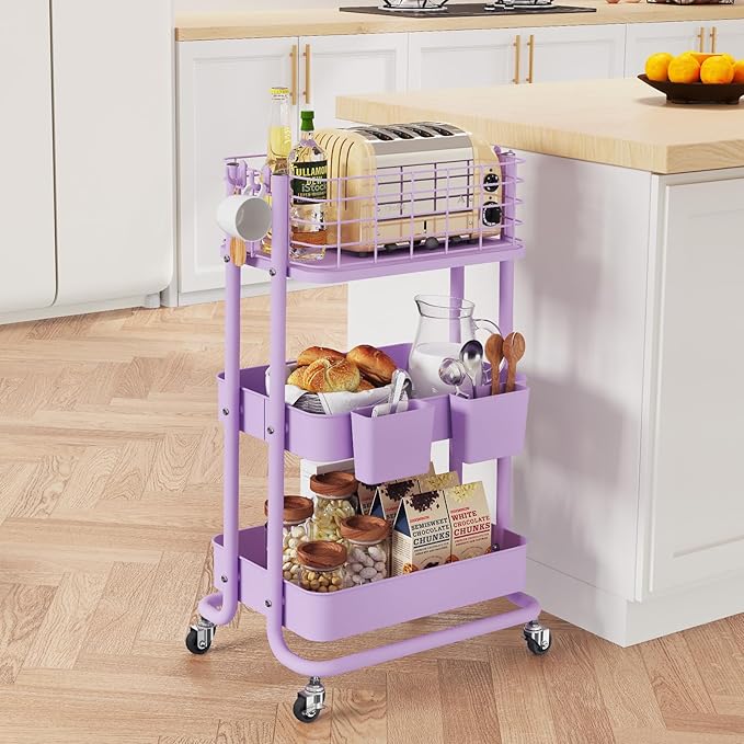 KINGRACK 3 Tier Rolling Cart, Metal Mobile Storage Shelf with Lockable Wheels, Prevent Falling Utility Trolley Cart, Storage Organizer for Kitchen, Office, Bathroom, Dorm, Purple