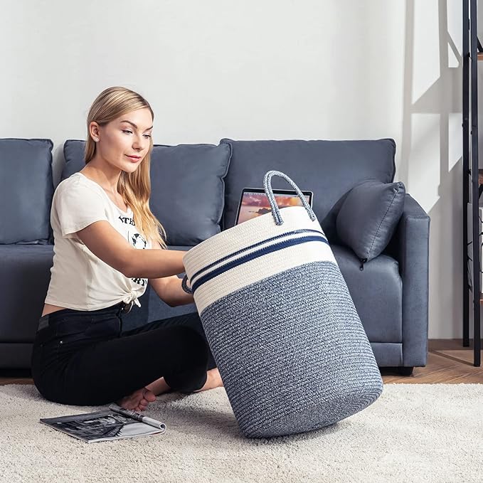 YOUDENOVA Woven Rope Laundry Hamper Basket, 72L Tall Laundry Basket, Baby Nursery Hamper for Blanket Storage in Bedroom-Large-Blue