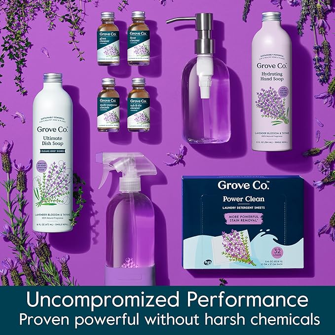 Grove Co. Floor Cleaner Refill Concentrate (2 x 1 Oz) + 1 x Durable Glass Spray Bottle (16 Oz) Plant-Based Cleaning Supplies Bundle, No Plastic Waste, 100% Natural Lavender & Thyme Scent