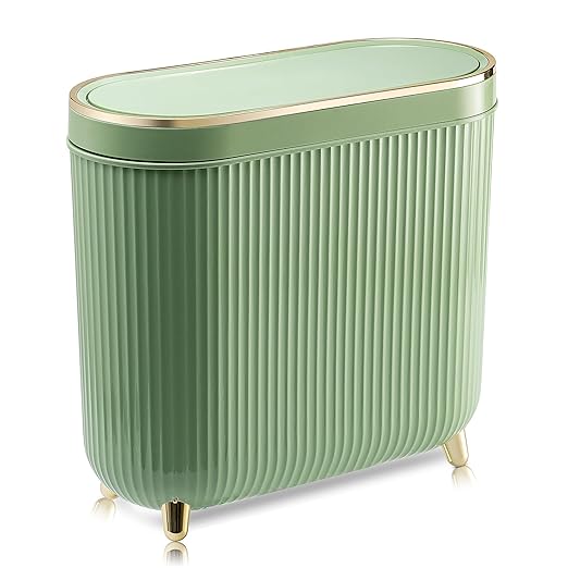 Bathroom Trash Can with Lid 3.2 Gallon Narrow Trash Can Small Plastic Trash Bin 12 Liter with Press Type Lid for Bedroom Bathroom, Mint Green