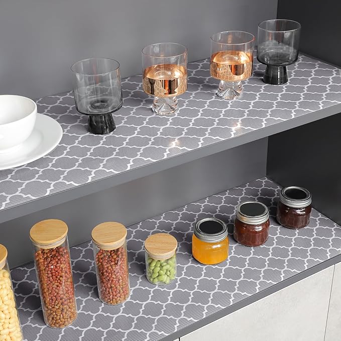 Glotoch 2 Rolls Shelf Liners for Kitchen Cabinets 12”x 20ft, Non Slip Drawer Liner,Waterproof Cabinet Liner for Wire/Pantry/Closet Non Adhesive Table Place Mats, Heavy Duty, Quatrefoil Grey