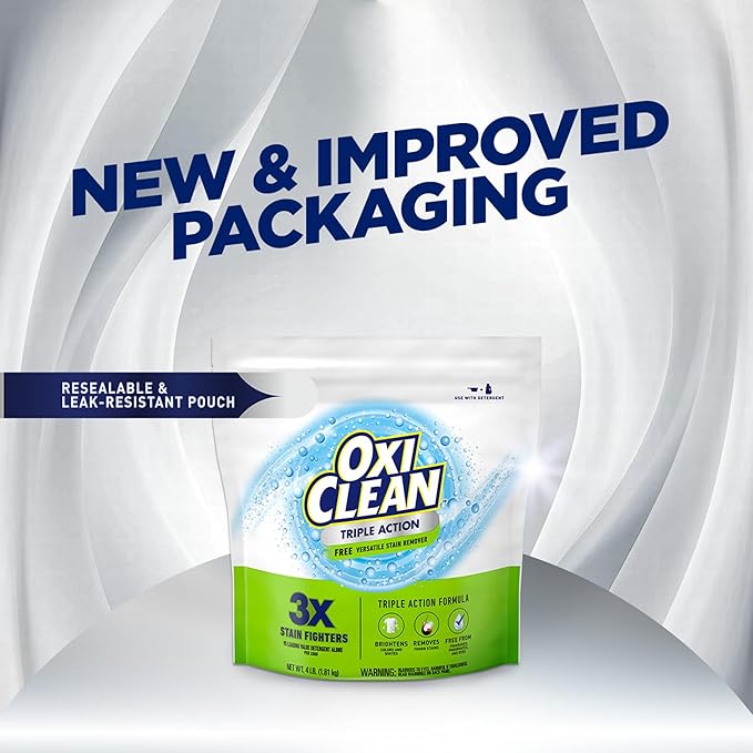 OxiClean Triple Action Free Versatile Stain Remover Powder, Use with Detergent, No Fragrance, No Dyes, No Phosphates, No Chlorine, Removes Stains, Brightens Colors and Whites, 4 lbs