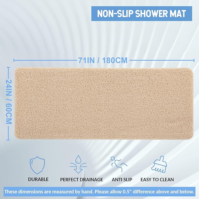 Non-Slip Bathtub Mat, Anti Slip Shower Mat, Fast Drying Bathtub Mats, Foot Scrubber Mat, Anti Slip Mat for Tub, Floor, Bathroom, Kitchen, Home, Hotel (Beige 71"×24")