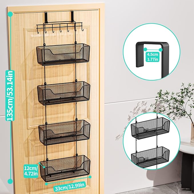 HapiRm Over The Door Organizer - Hanging Door Organizer with 4 Metal Large Capacity Baskets and Adjustable Coat Hook for Bathroom Bedroom Kitchen Pantry Closet Cabinet