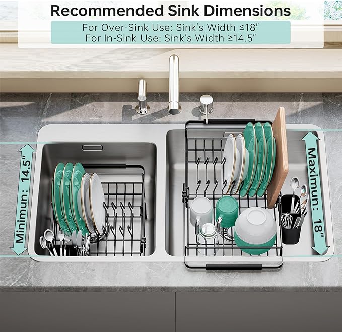 Dish Drying Rack in Sink - Expandable (14.5''-18''L) Over The Sink Dish Rack with Utensil Holder, Space-Saving Dish Drainer for Kitchen Counter, 1 Piece, Matte Black