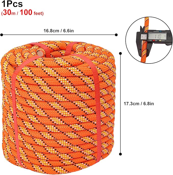 1/2 Inch 100 FT Tree Felling Rope, Professional Static Rope, Orange Versatile Arborist Logging Ropes for Tree Pulling, Bull Pulling, Sturdy Ropes for Adults, and More