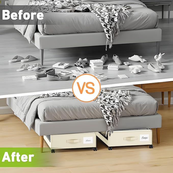 Under Bed Storage with Wheels, Under the Bed Storage Containers with Clear Lids & Label, Underbed Storage Bins, XXL 60L Rolling Metal Drawer for Clothes, Shoes, Toys, Books (Beige)