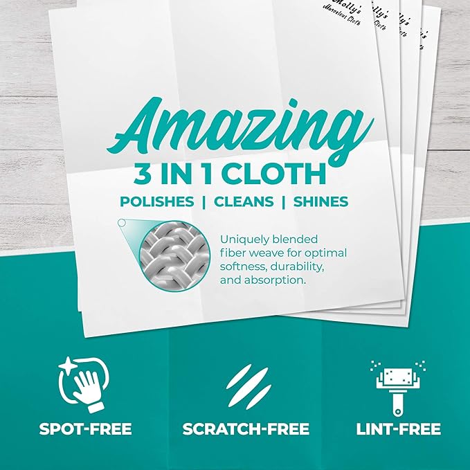 Molly's Marvelous Cloth, Streak-Free, Lint-Free Microfiber Cleaning Cloth, Polishing Cloth for Glass, Stainless Steel, Use for Kitchen, Bath, Cars, Detailing, Reusable (17" by 16") (4pk, White)