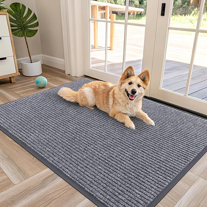 OLANLY Front Door Mat Indoor Outdoor Entrance, Waterproof Heavy Duty Doormat, Fade Resistant, Low Profile, Easy Clean Patio Porch Welcome Floor Mats for Entry, 47x32, Light Gray