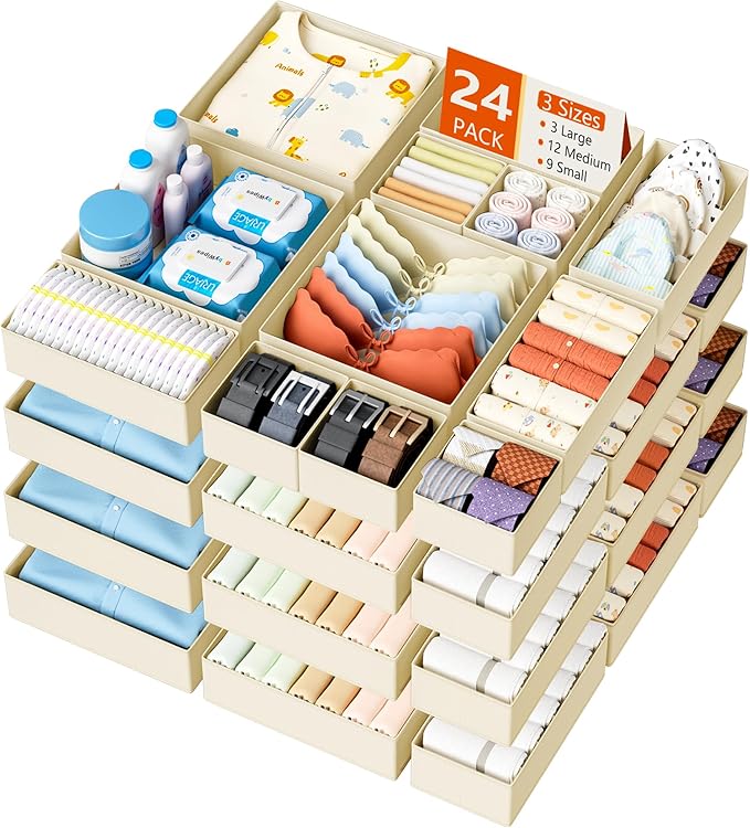 DIMJ Drawer Organizer Clothes - 24 Pack Baby Dresser Organizer for Nursery, Foldable Drawer Organizer Bins for Closet Bedroom Organization, Fabric Clothes Storage Dividers for Underwears, Socks, Bras