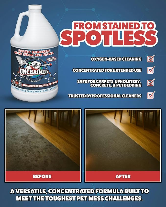 Unchained Urine Stain & Odor Remover Liquid Concentrate - Oxygen Based Odor Control Formula, Pet Smell Eliminator, Ideal for Carpets, Concrete, or Furniture, Sweet Breeze, 1 Gallon