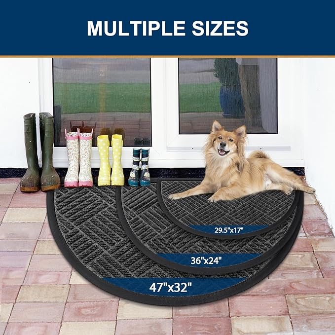 Smiry Half Circle Front Door Mat Outside Entrance, Heavy Duty Outdoor Indoor Natural Rubber Doormat, Non Slip, Trap Dirt and Moisture, Easy Clean, Low Profile Patio Porch Entryway Mat, 29.5x17, Black