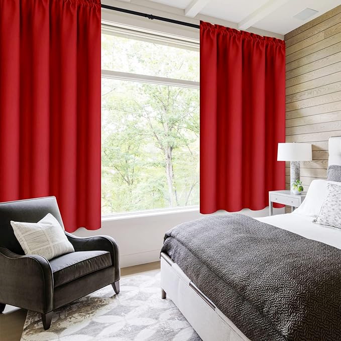 DWCN Christmas Blackout Curtains Thermal Insulated Energy Saving Bedroom and Kitchen Curtains Window Treatments, W 38 x L 45 Inch, Set of 2 Red Rod Pocket Drapes
