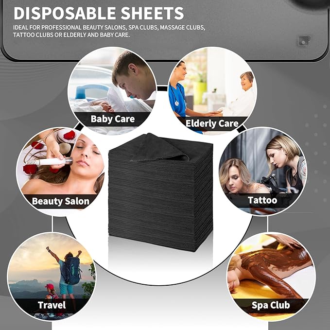 Breling 100 Pcs 31.5 x 71 Inch Disposable Bed Sheets Oil-proof PE Film Massage Table Sheets Non-woven Fabric Spa Waterproof Bed Cover Breathable for Beauty Salon Hotels Tattoo Waxing(Black)