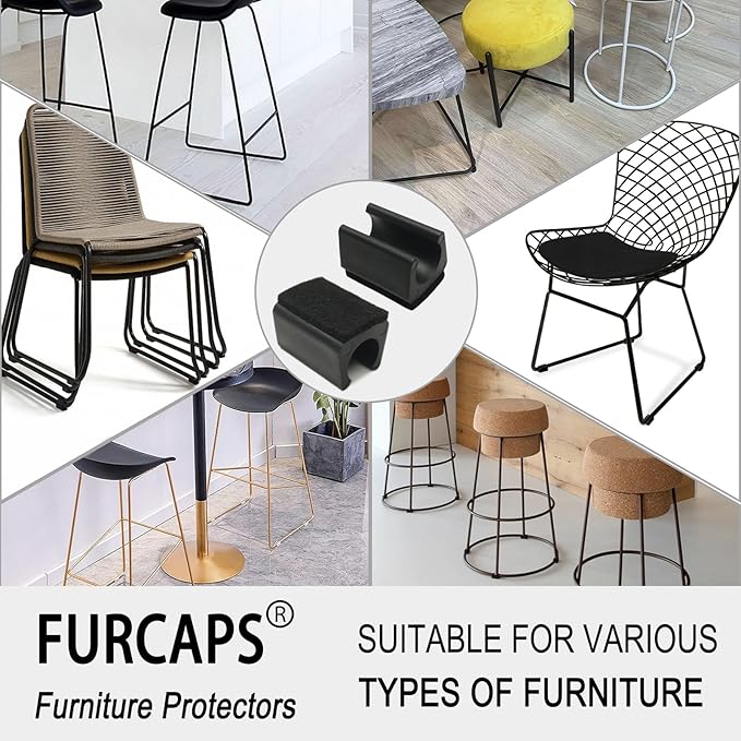 Rectangle U Shaped Chair Leg Tips Cap with Felt Pads,Furniture Feet Protectors Slide Smoothly Glides,Protect Hardwood Floor No Scratches No Noise,Fit 10mm(25/64inch) Diameter Tubular Legs (Black 8PCS)
