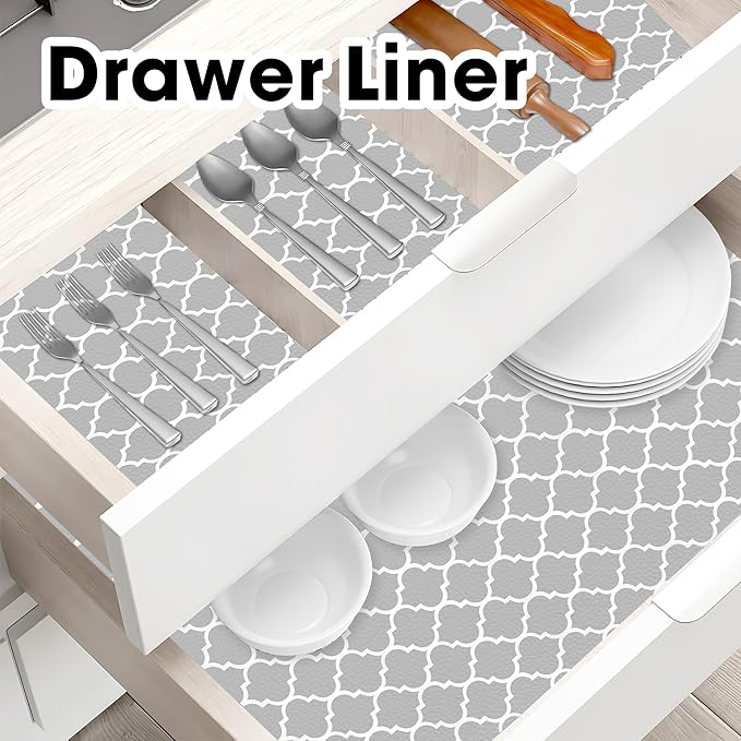 Shelf Liner for Kitchen Cabinets Non-Adhesive 12in X 10FT Cabinet Liners for Shelves Waterproof Thick Strong Grip Non Slip Drawer Liner Contact Paper for Cupboard Easy to Clean,Gray Lantern