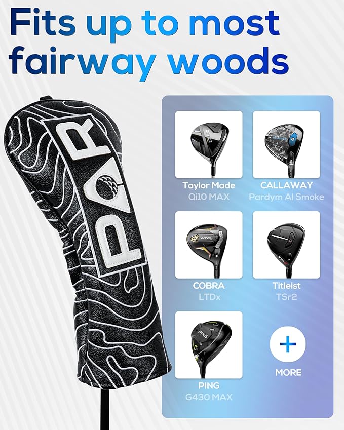Big Teeth Golf Club Covers Full Set Driver Headcover Fairway Wood Hybrid Golf Club Iron Head Covers, Topographic Edition Putter Cover Leather Golf Head Covers Pure Black, Gifts for Men