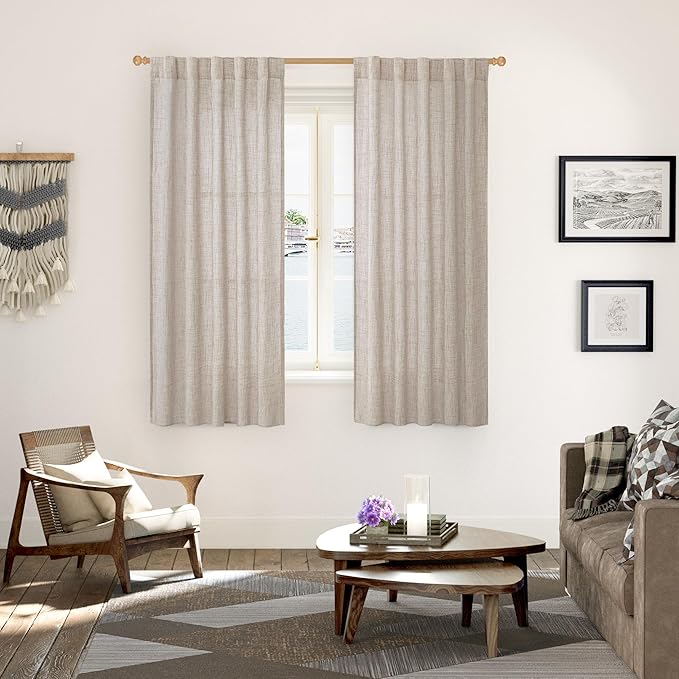 YoungsTex Linen Semi Sheer Curtains 63 Inch Length 2 Panels for Window, Light Filtering Drapes Rod Pocket for Living Room Bedroom Office Farmhouse Burlap Textured Lightweight Back Tab, 42 X 63 Inch