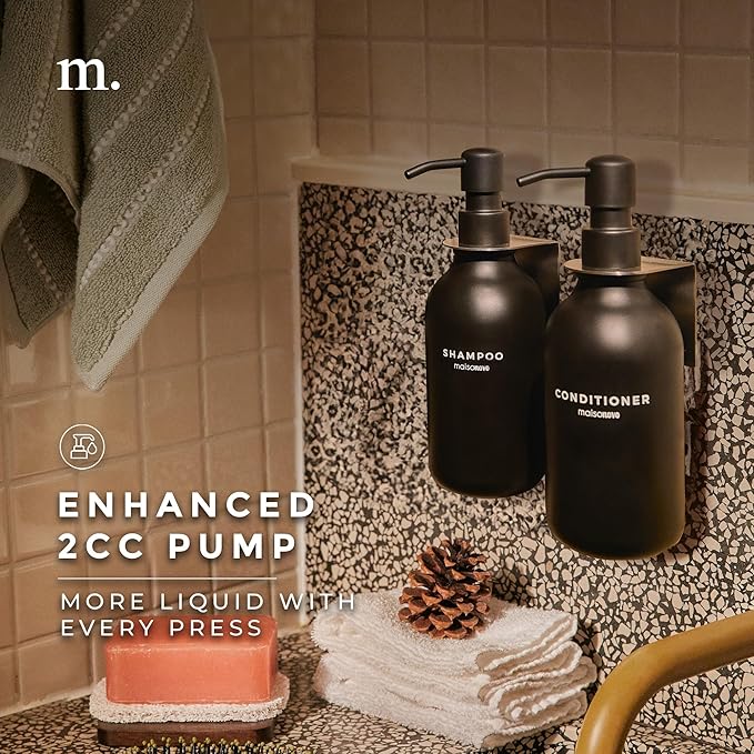 MaisoNovo Shampoo and Conditioner Dispenser - Shower Soap Dispenser Wall Mounted - 16.9 fl oz Set of 2 Black Plastic Bottles Black Pumps - 2 Chamber No Drill