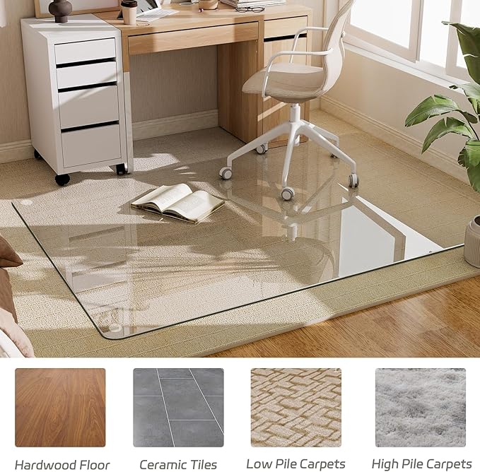 GLSLAND 36"x55" Tempered Glass Chair Mat Rectangle Heavy-Duty Floor Protector for Carpet & Hard Floors Scratch-Resistant Office Computer Desk Mat 1/5" Clear