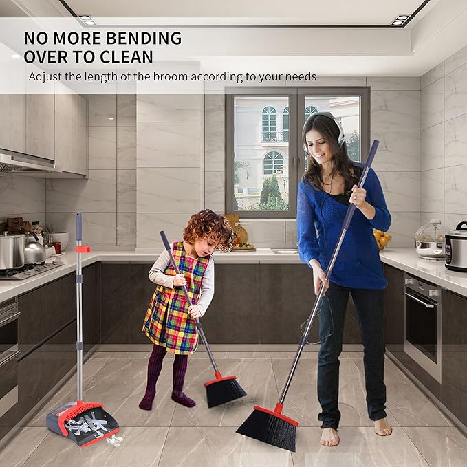 Broom with Dustpan Combo Set Broom and Dustpan Set Dust Pan with Stainless Steel Long Handle, Brooms with 5-Layer Soft Bristles for Sweeping Office Kitchen Home Pet Hair Lobby