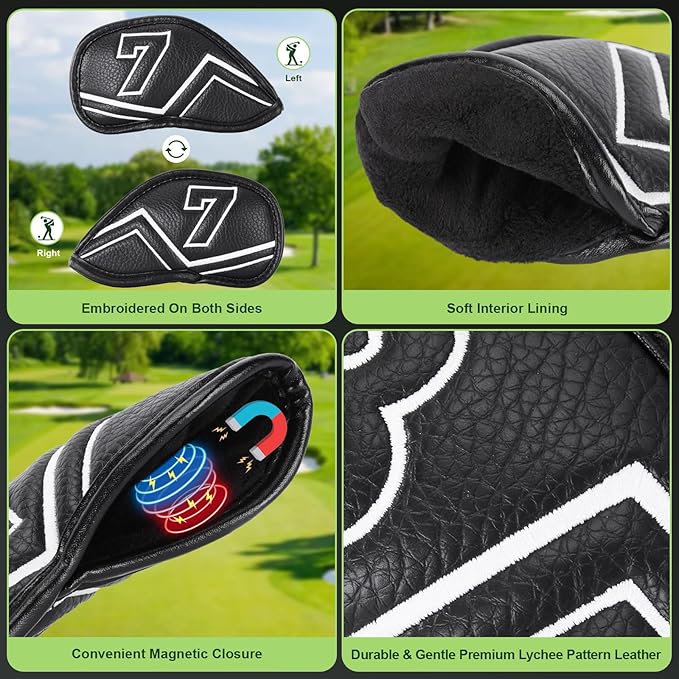 Welspo Magnetic Leather Golf Iron Head Covers 11 Pack Synthetic Leather Club Headcover, Embroidered Club Label on Both Sides of Golf Club Covers for Irons and Wedge, Universal Fit Main Iron Clubs
