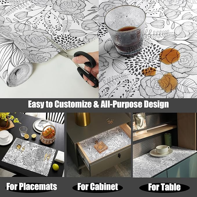 Shelf and Drawer Liner for Kitchen Cabinets, Non-Adhesive and Strong Non-Slip Floral Shelf Cabinet Drawer Liners, Waterproof Thickened Shelf Liner,Easy to Clean,Black and White,12IN x 10FT