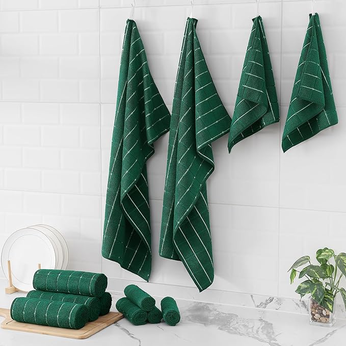 Homaxy Microfiber Kitchen Towels and Dishcloths Set, 12 Pack Soft and Absorbent Dish Hand Towels Bulk, 28 x 16 Inch & 12 x 12 Inch Quick Drying Rags for Washing Dishes, Dark Green