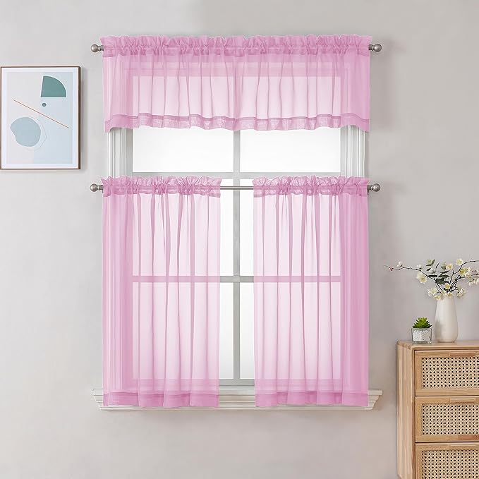 Chyhomenyc Sheer Pink Tier Curtains 24 Inch Length, Small Window Curtains Treatment for Bathroom Living Room Basement, Short Rod Pocket Cafe Curtain, 42W x 24L Inches, 2 Panels