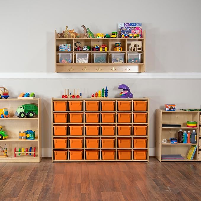 Wood Designs Cubby Storage Bin, Heavy Duty Plastic Containers for Kids Orange Cubby Tray Set of 30