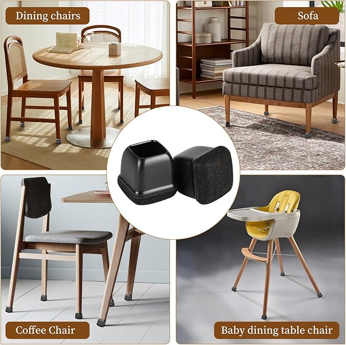 Square Chair Leg Floor Protectors Large 24Pcs,Silicone Chair Leg Protectors for Hardwood Floors/Tiles,Black 360°Wrapped Felt Bottom to Prevent Scratch and Reduce Noise