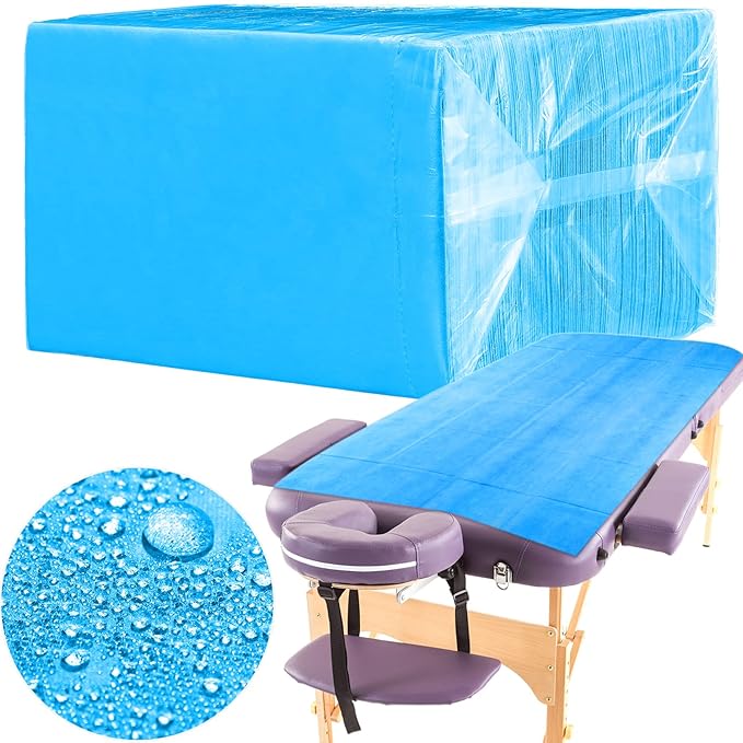 Breling 100 Pcs 31.5 x 71 Inch Disposable Bed Sheets Oil-proof PE Film Massage Table Sheets Non-woven Fabric Spa Waterproof Bed Cover Breathable for Beauty Salon Hotels Tattoo Waxing(Blue)
