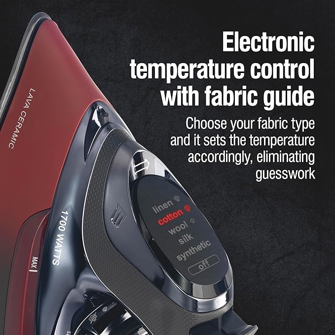 CHI Steam Iron for Clothes with 8’ Retractable Cord, 1700 Watts, 3-Way Auto Shutoff, 400+ Holes, Professional Grade, Temperature Control Dial, Lava Infused Ceramic Soleplate, Black (13113)