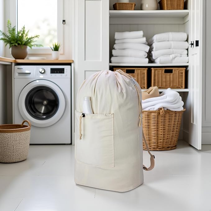 Laundry Bag Backpack, Canvas Laundry Bag with Straps & Drawstring Closure Washable Dirty Cloth Hamper Bag with Large Front Pocket for College, Travel, Laundromat, Camping (Beige)