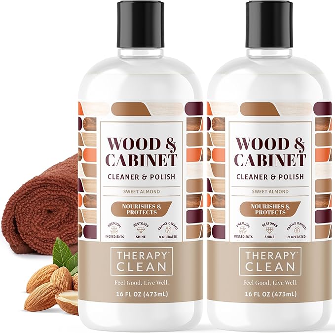 Therapy Wood Cleaner & Polish 16 oz. (2-Pack with Microfiber Cloth) - Wood Cabinet and Table Cleaner - Conditioner - Almond Scent