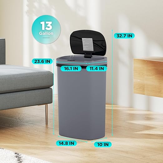 Automatic Motion Sensor Bathroom Trash Can with Lid, 13 Gallon Touchless Trash Bin, Smart Dog Proof Garbage Can, Touch Free Waste Basket for Toilet, Office, Bedroom,Gray