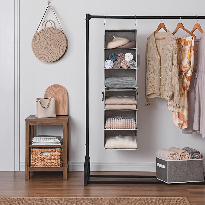 StorageWorks 6-Shelf Closet Organizers, Two 3-Shelf Separable Hanging Shelves for Closet, 12" D x 12" W x 48 ¼"H， Canvas, Gray
