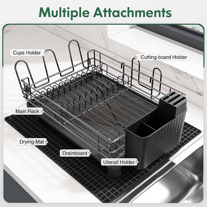 JASIWAY Stainless Steel Black Dish Drainers Drying Rack for Kitchen Counter with Drainboard, Rust Proof Metal, Space Saving, Modern Aesthetic, Compact Plates Dryer Strainers with Tray and Extra Mat
