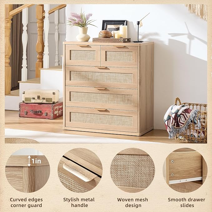LEYAOYAO Rattan Dresser for Bedroom, 33.5" Tall Chest of Drawers, Modern 5 Drawers Boho Dressers with Storage, Light Oak Dresser Wooden Closet Organizer for Living Room, Hallway, Natural Wood