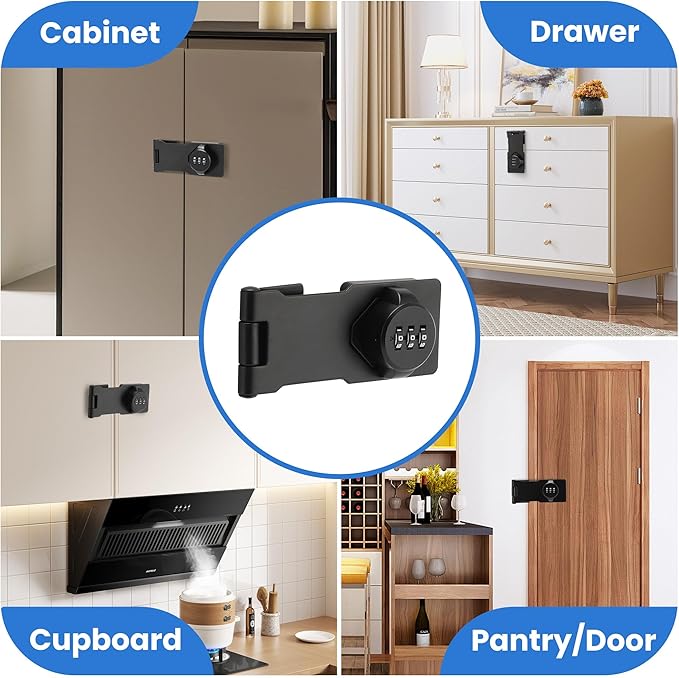 Keyless Cabinet Lock with Combination Code - 3-Digit Password Hasp Latch Lock for Drawers, Bifold Closet Door and Double Sided Door (Black, 4.5 Inch, 2 Pack)
