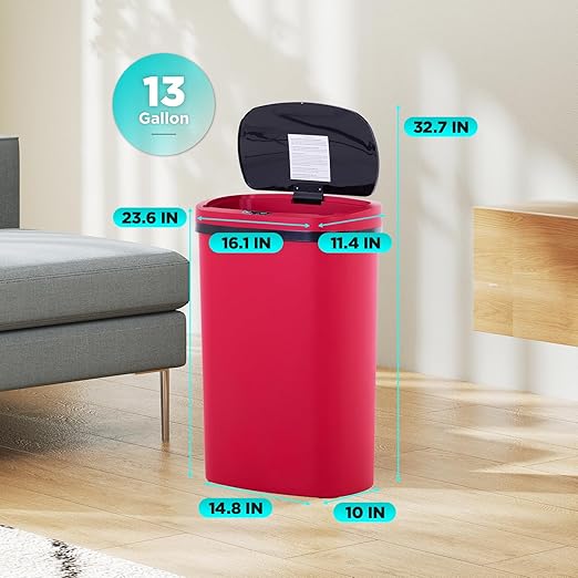 Automatic Motion Sensor Bathroom Trash Can with Lid, 13 Gallon Touchless Trash Bin, Smart Dog Proof Garbage Can, Touch Free Waste Basket for Toilet, Office, Bedroom,Red