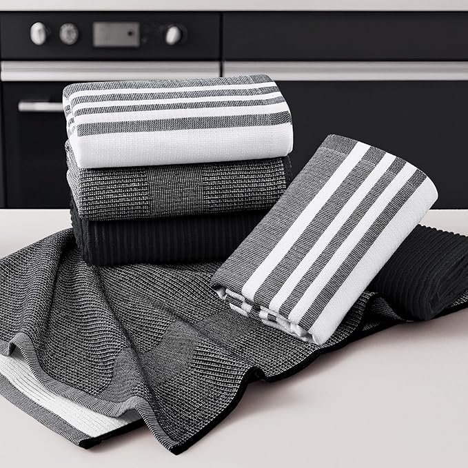 Homaxy Premium Kitchen Towels(18”x 28”, 6 Pack), Large Cotton 380 GSM Kitchen Hand Towels, Soft and Absorbent Terry Dish Towels, Multipurpose Tea Towel Set with Hanging Loop, Black