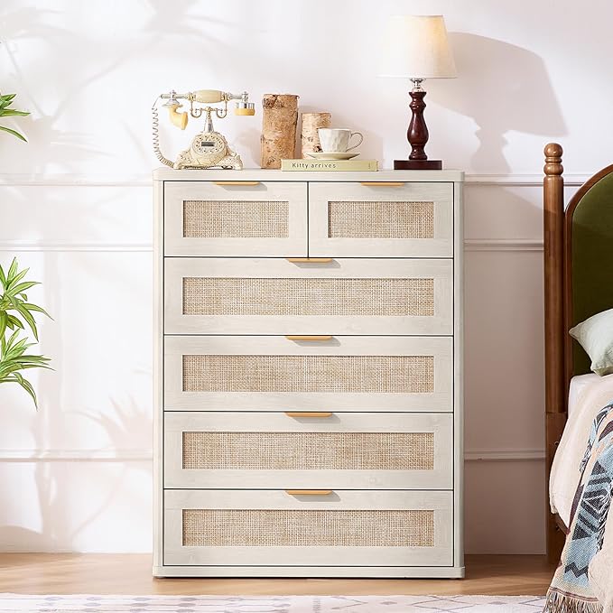 LEYAOYAO White Dresser for Bedroom Set of 2, 42" Tall Chest of Drawers, Modern 6 Drawers Boho Rattan Dressers with Storage, Dresser Wooden Closet Organizer for Living Room, Hallway