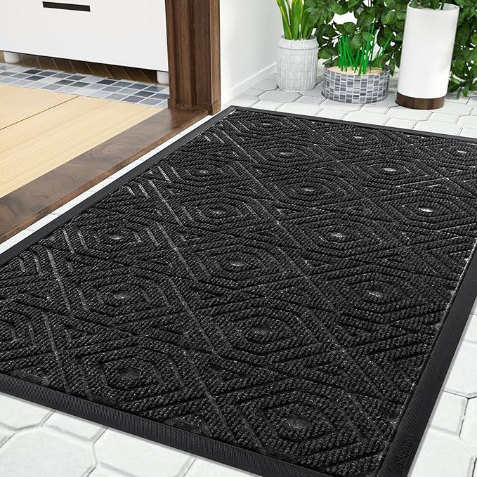 Yimobra Door Mat, Outdoor Indoor Entrance Welcome Mat, Heavy Entry Front Door Mat, Stain & Fade Resistant, Low Profile, Sturdy Rubber, Easy Clean Patio Floor Mat, Waterproof, 36 x 24, Black