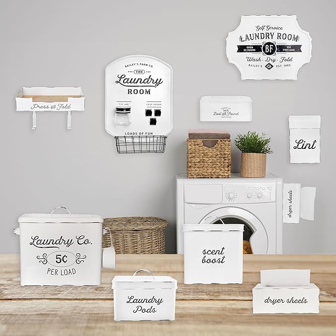 AuldHome Design Farmhouse Laundry Powder Container, White Enamelware Detergent Bin w/ Scoop